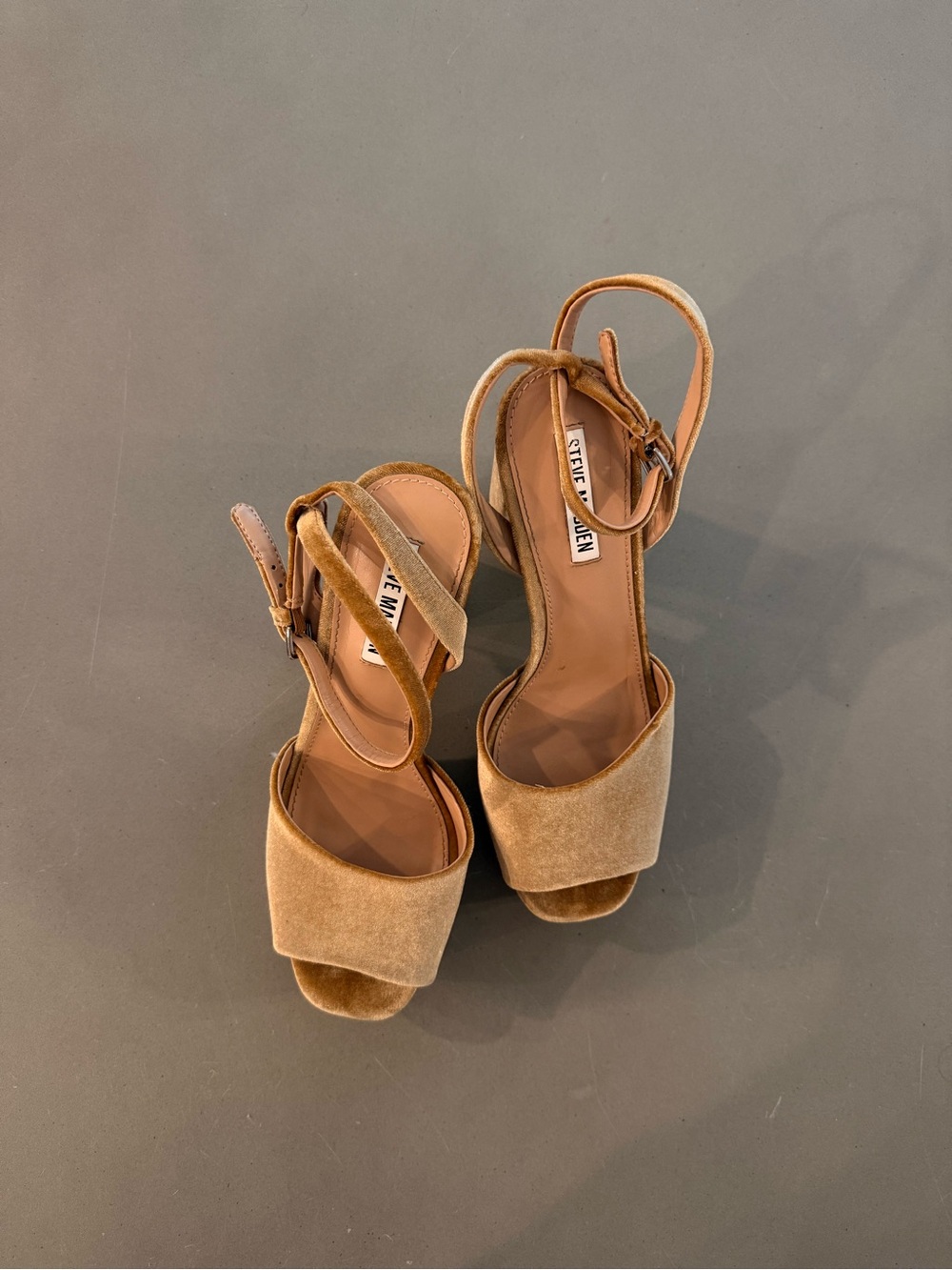 Steve Madden Tan Velvet Block Heel Sandals with Ankle Strap